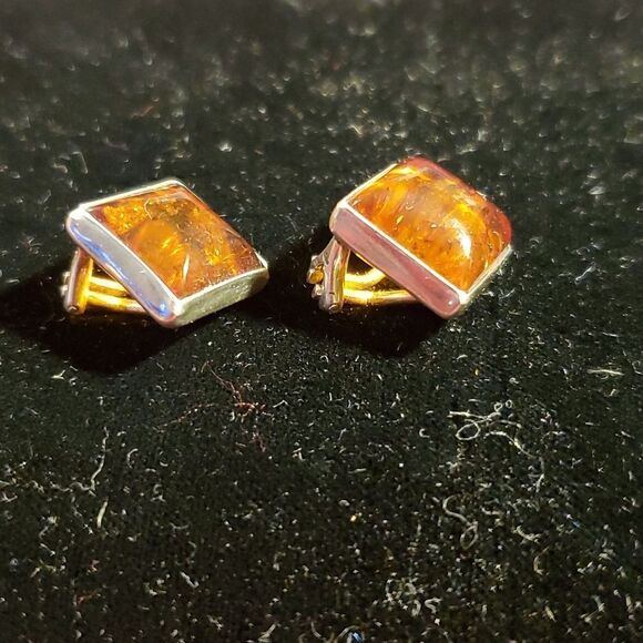 925 Sterling Silver Vintage Real Baltic Amber Clip On  Antique STERLING Silver 925 Baltic Amber Clip-On‎ Earrings Signed DF